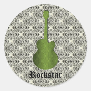 Rockstar Damask Guitar Stickers, Olive Green Classic Round Sticker