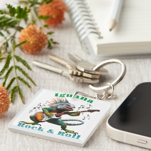 Rockstar Iguana in a Colorful Music Burst Keychain