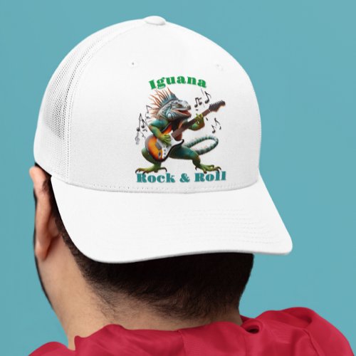 Rockstar Iguana in a Colorful Music Burst Trucker Hat