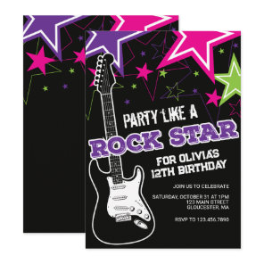 Rockstar Pink purple guitar birthday Invitation