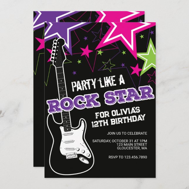 Rockstar Pink purple guitar birthday Invitation (Front/Back)
