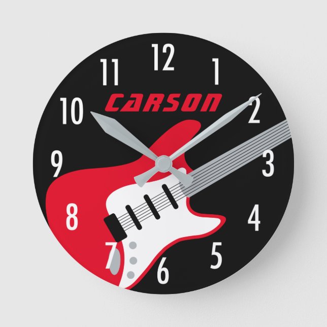 Rockstar Red and Black Guitar Kids Round Clock (Front)