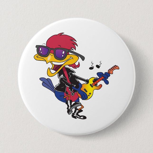 Rockstar Roadrunner Bird Playing Guitar Button (Front)