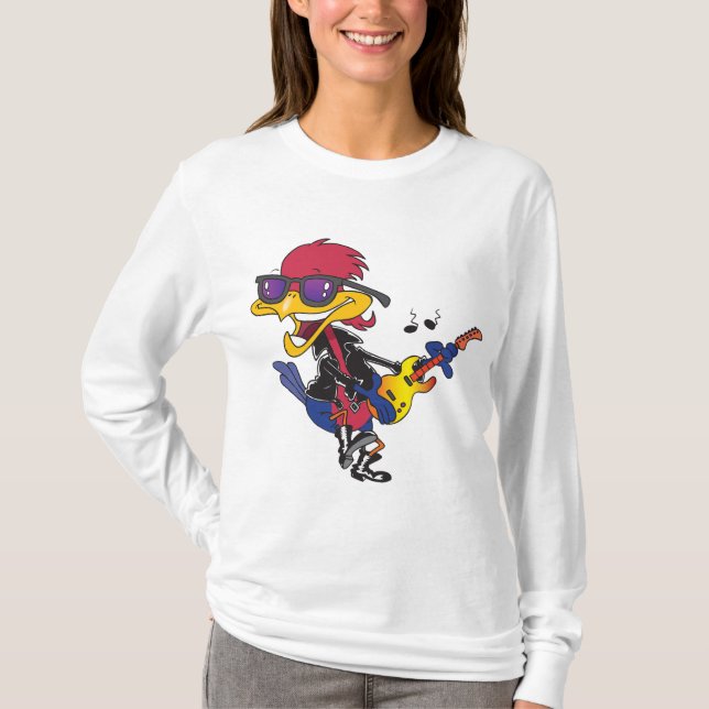 Rockstar Roadrunner Bird Playing Guitar T-Shirt (Front)