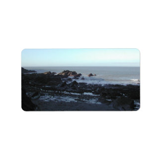Rocky Beach. Scenic Coastal View. Label