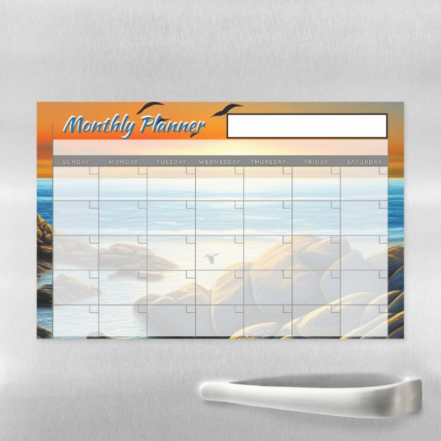 Rocky beach sunset monthly planner magnetic dry erase sheet (In Situ)