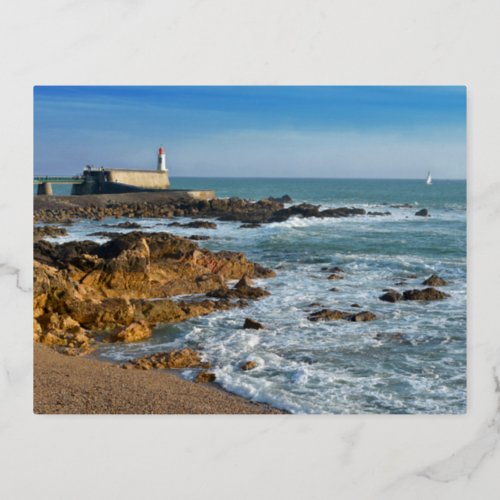 Rocky coastline of Les Sables dOlonne in France Foil Holiday Postcard