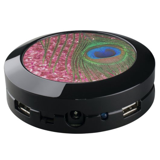 Rocky Light Pink Peacock Feather USB Charging Station (Angled Back)