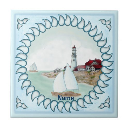 Rocky Lighthouse custom name Ceramic Tile