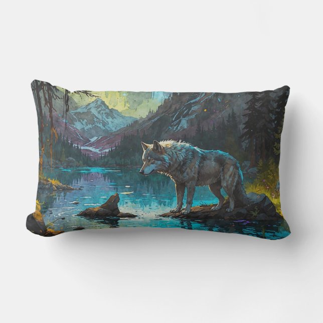 Rocky Mountain Gray Wolf Art Lumbar Pillow (Front)