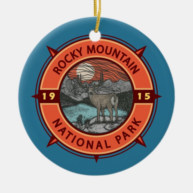 Rocky Mountain National Park Elk Retro Compass Ceramic Ornament (Front)