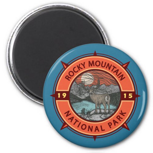 Rocky Mountain National Park Elk Retro Compass  Magnet
