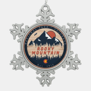 Rocky Mountain National Park Wood Vintage Sunset Snowflake Pewter Christmas Ornament