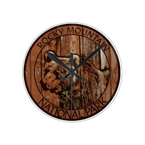 Rocky Mountain National Park wooden bear Round Wall Clocks