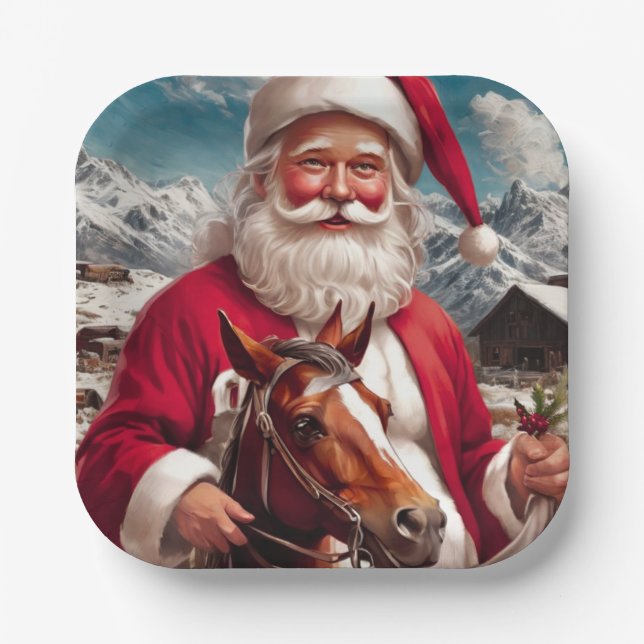 Rocky Mountain Santa and His Horse Paper Plates (Front)