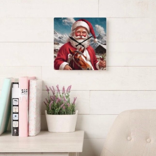 Rocky Mountain Santa and His Horse Square Wall Clock (Wall Clock backside hanging slot  non-ticking design. 2 sizes: 8" diameter or 10.75" diameter.)