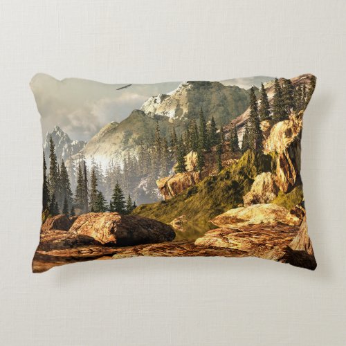 Rocky Mountain scene with bald eagle soaring in th Accent Pillow