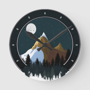Rocky Mountain Snow Moon Pine Trees Round Clock