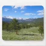 Rocky Mountain View Scenic Landscape Mouse Pad<br><div class="desc">Rocky Mountain National Park is known for those stunning Rocky Mountains - seen here snow-topped,  with lush green forest in the foreground and blue sky.  This picture is also featured as the widescreen wallpaper "Rocky Mountain View" on www.mlewallpapers.com.</div>