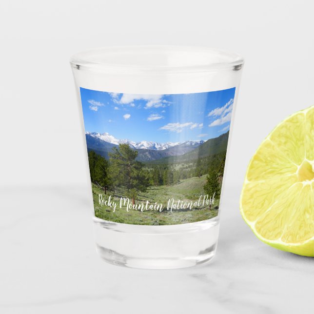 Rocky Mountain View Scenic Landscape Shot Glass (Front)
