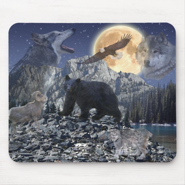 Rocky Mountain Wildlife Wolf, Bear, Eagle, Moon Mouse Pad (Front)