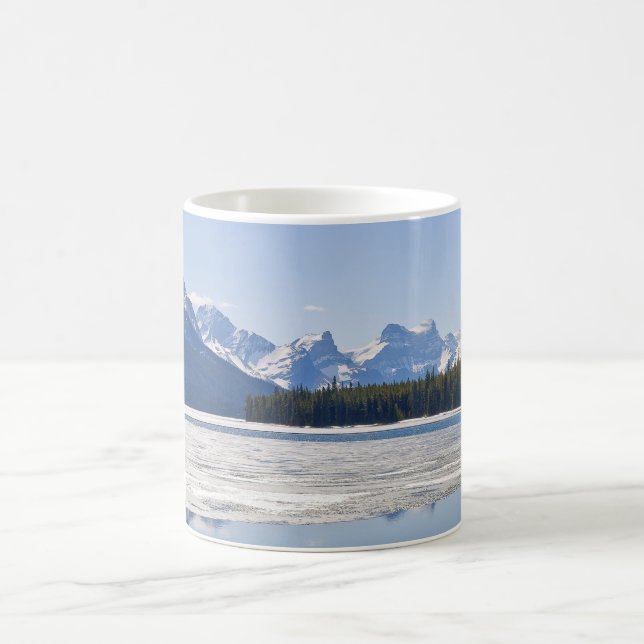 Rocky mountains reflecting in Maligne Lake Coffee Mug (Center)