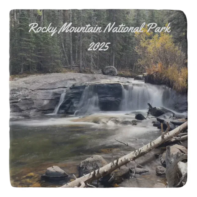 Rocky Mountains Waterfall Photo and Date Trivet | Zazzle