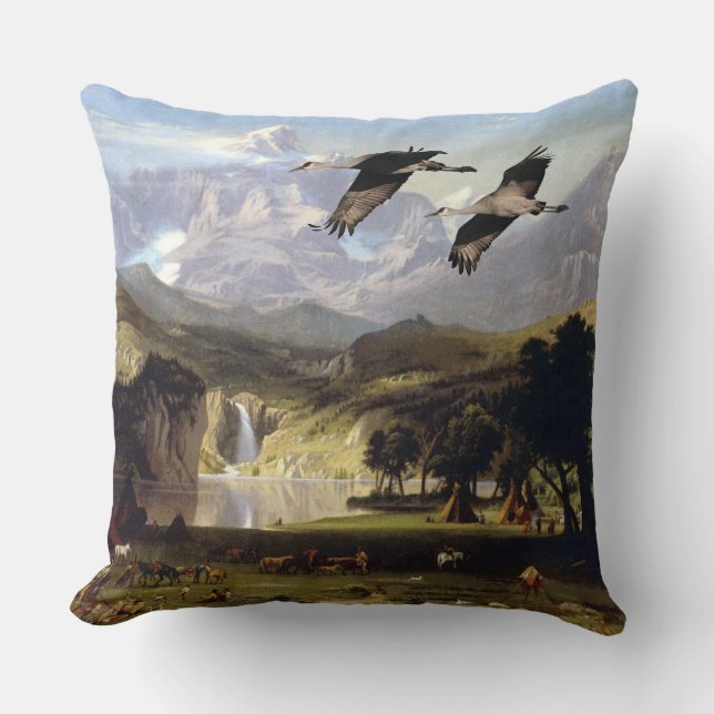 Rocky Mtns Deer Lake Waterfall Crane Birds Pillow (Front)
