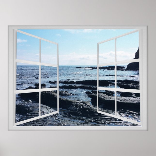 Rocky Ocean Coast with Window Frame Poster (Front)