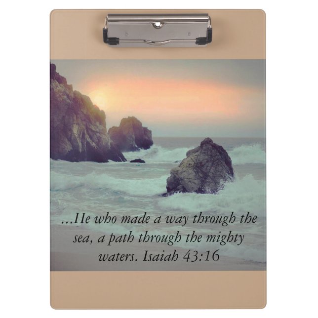 Rocky Ocean Shore and Sunset Bible Verse Clipboard (Front)