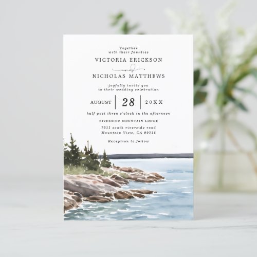 Rocky Pine Mountain Rustic Budget QR Code Wedding Invitation