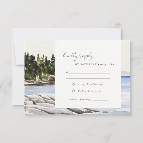 Rocky Pine Mountain Seascape Watercolor Wedding RSVP Card