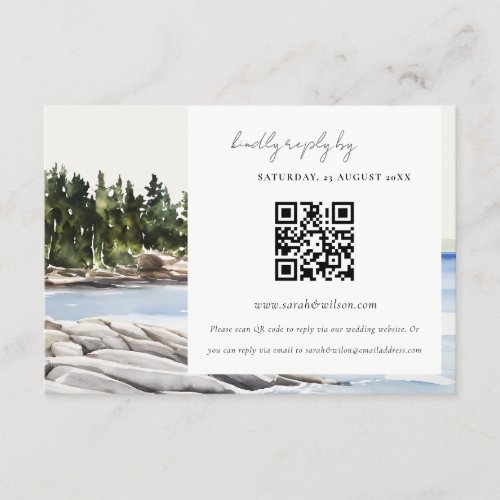 Rocky Pine Mountain Seascape Wedding QR Code RSVP Enclosure Card