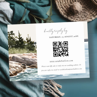 Rocky Pine Mountain Seascape Wedding QR Code RSVP Enclosure Card