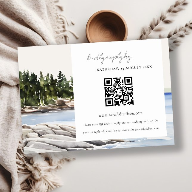 Rocky Pine Mountain Seascape Wedding QR Code RSVP Enclosure Card (Creator Uploaded)