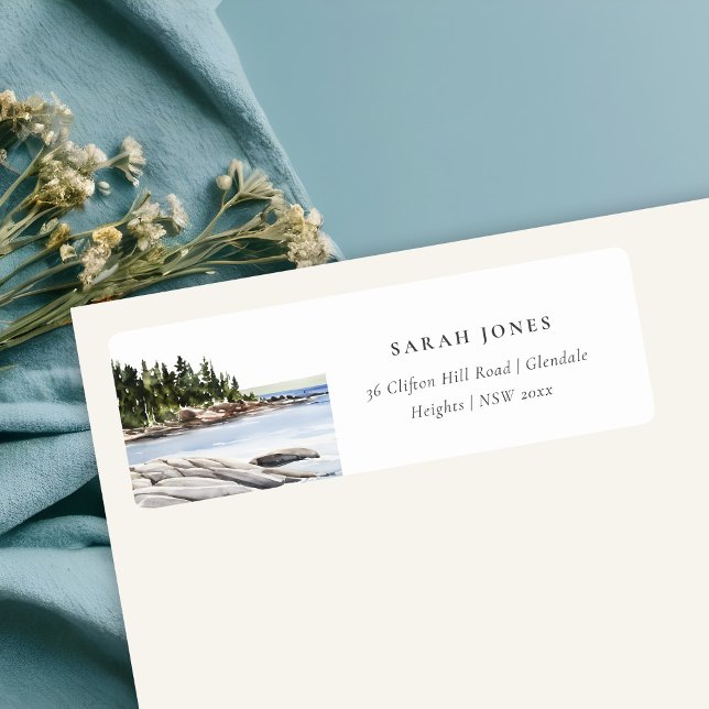 Rocky Pine Mountain Watercolor Seascape Address Label (Creator Uploaded)