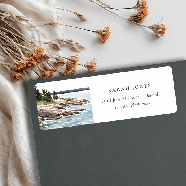 Rocky Pine Mountain Watercolor Seascape Address Label (Creator Uploaded)