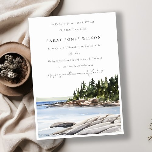 Rocky Pine Mountain Watercolor Seascape Birthday Invitation