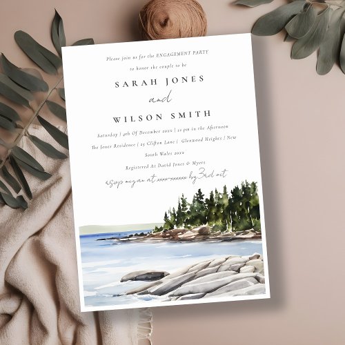 Rocky Pine Mountain Watercolor Seascape Engagement Invitation