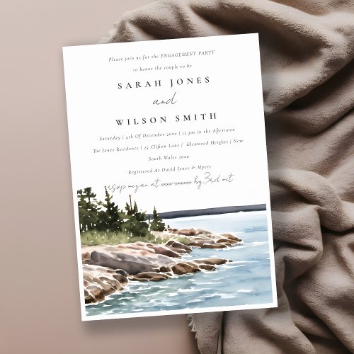 Rocky Pine Mountain Watercolor Seascape Engagement Invitation