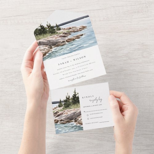 Rocky Pine Mountain Watercolor Seascape Wedding All In One Invitation