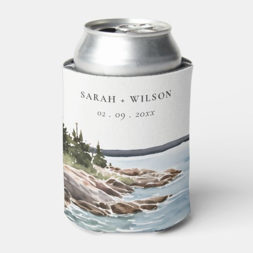 Rocky Pine Mountain Watercolor Seascape Wedding Can Cooler