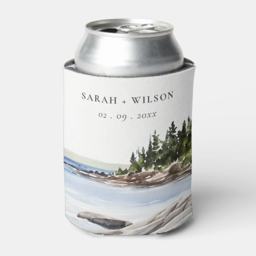 Rocky Pine Mountain Watercolor Seascape Wedding Can Cooler