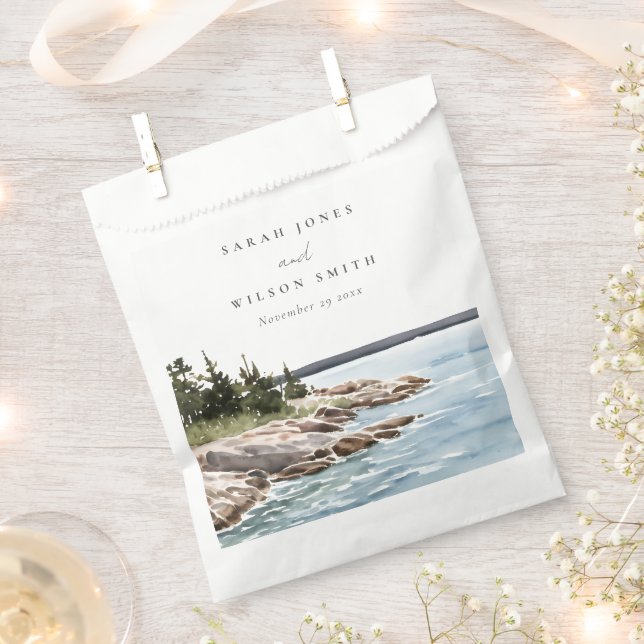 Rocky Pine Mountain Watercolor Seascape Wedding Favor Bag (Clipped)