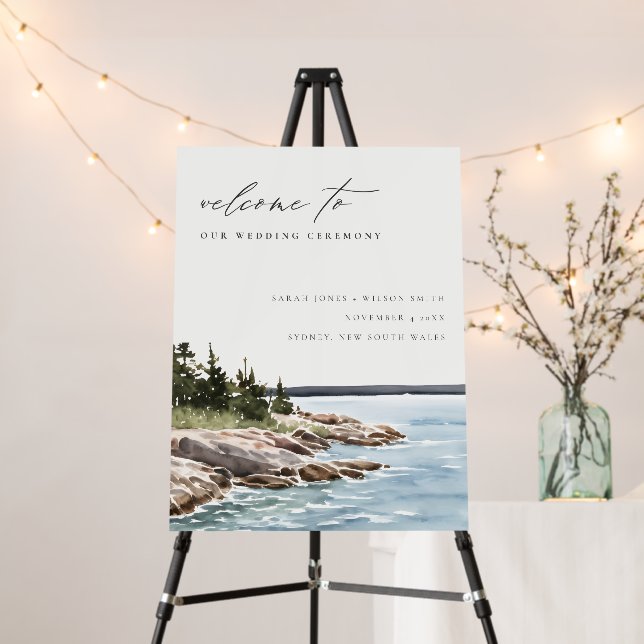 Rocky Pine Mountain Watercolor Seascape Wedding Foam Board (In Situ (Stand))