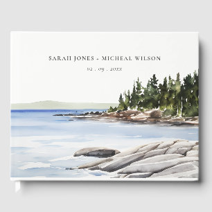 Rocky Pine Mountain Watercolor Seascape Wedding Guest Book