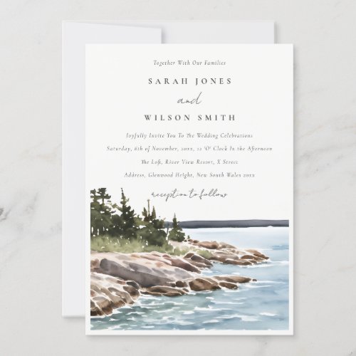 Rocky Pine Mountain Watercolor Seascape Wedding Invitation