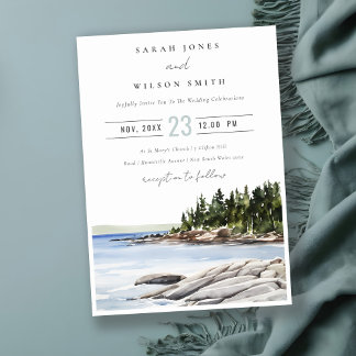 Rocky Pine Mountain Watercolor Seascape Wedding Invitation