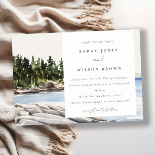 Rocky Pine Mountain Watercolor Seascape Wedding Invitation