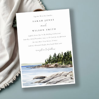 Rocky Pine Mountain Watercolor Seascape Wedding Invitation